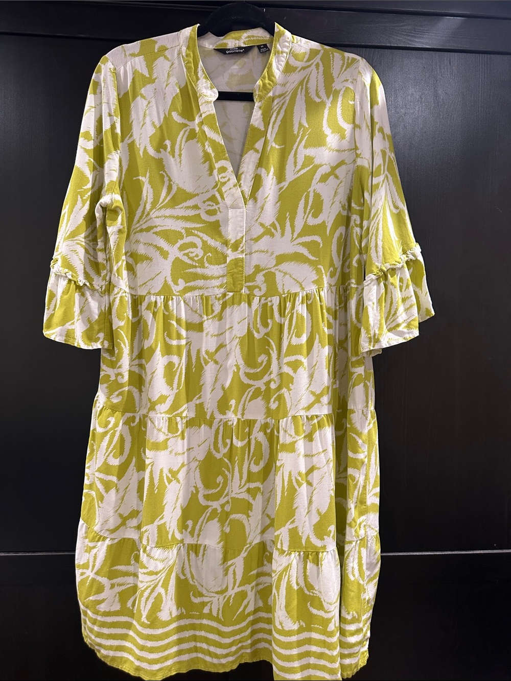 Mlle Gabrielle Lime and White Printed Tiered V-Neck Midi Dress